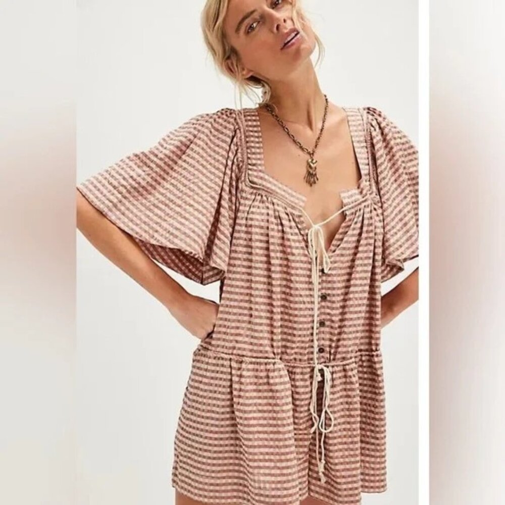Free People County Line Plaid Romper. NWT. Pink